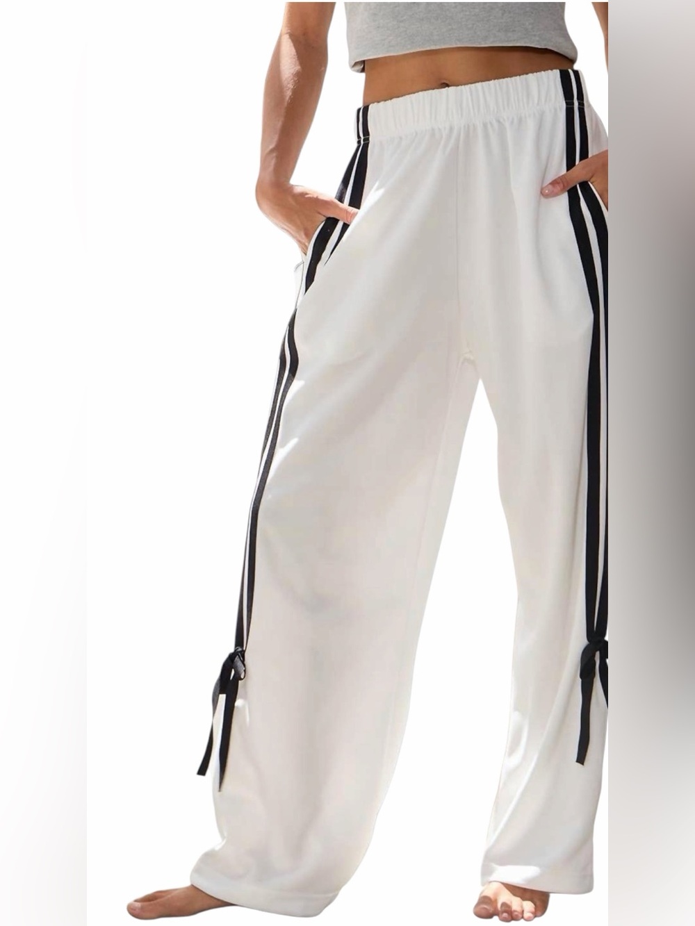 BUCKETLIST – Bow Detail Track Pants - Wide Leg Side Stripe – Sz. M